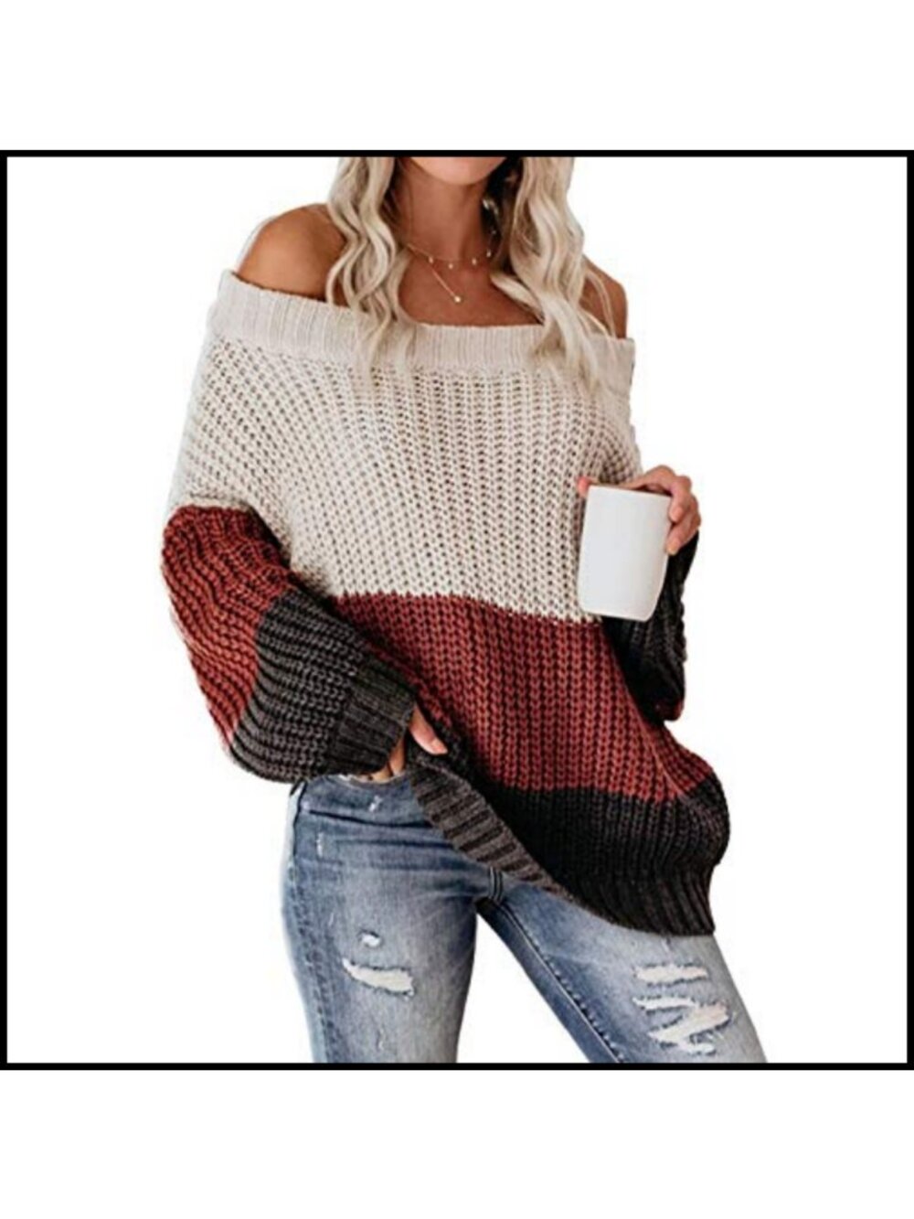 Off Shoulder Color Block Oversized Chunky Knit Pullover Sweater